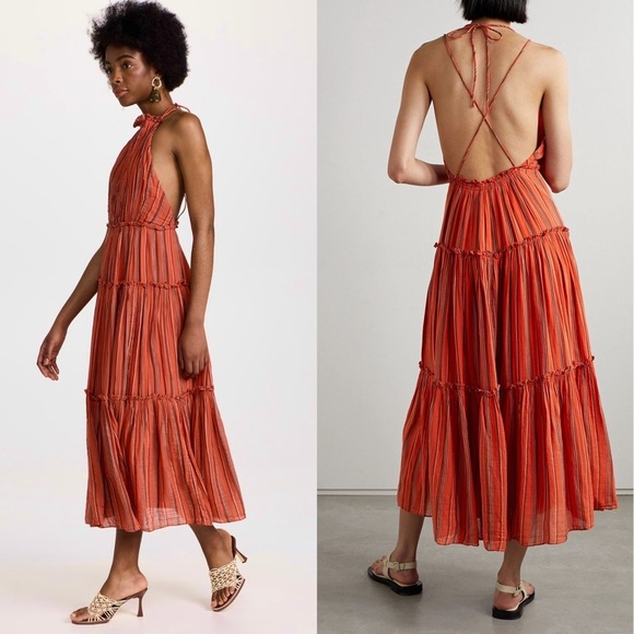 ULLA JOHNSON Cotton Stripe Sleeveless Halter Neck Open Back Tier Ruffle Dress 10 - Picture 2 of 14